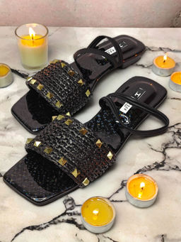 IRUSSH - Black Studded Raffia Sandals with Elastic