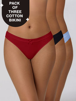Nykd by Nykaa - Low Rise Cotton Bikini Panty with Outer Elastic-Jet Black C Red Sky Blue NYP390 PO3