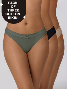 Nykd by Nykaa - Low Rise Cotton Bikini Panty with Outer Elastic-Jet Black Taupe Green NYP390 PO3