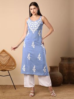 FASHOR - Floral Chikankari Embroidered Straight Fit Kurta With Palazzo - Blue (Set of 2)