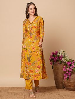 FASHOR - Floral Printed And Embroidered Straight Fit Kurta With Pant - Mustard (Set of 2)