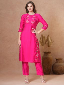 FASHOR - Floral Cross Stitch Embroidered A-Line Kurta with Pant - Pink (Set of 2)