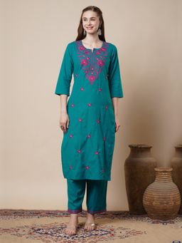FASHOR - Floral Embroidered Straight Fit Kurta with Pant - Teal (Set of 2)