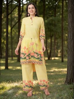 FASHOR - Lotus Printed Straight Fit Co-Ord - Yellow (Set of 2)
