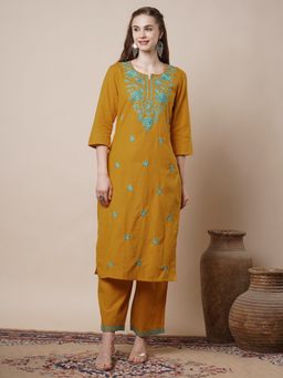 FASHOR - Floral Embroidered Straight Fit Kurta with Pant - Mustard (Set of 2)