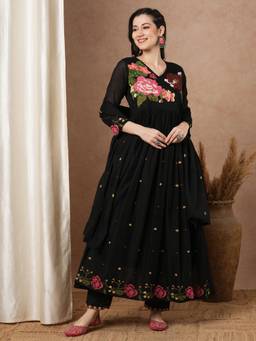 FASHOR - Floral Embroidered A-Line Anarkali Kurta With Pant And Dupatta - Black (Set of 3)