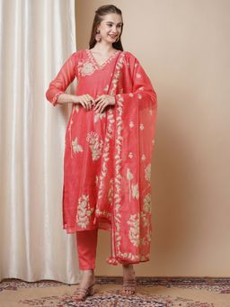 FASHOR - Floral Printed And Embroidered Straight Kurta with Pant & Dupatta - Pink (Set of 3)