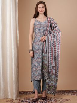FASHOR - Printed And Mirror Embroidered Straight Kurta With Pant And Dupatta - Blue (Set of 3)