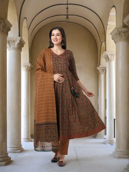 FASHOR - Printed Angrakha Kurta With Pant And Dupatta - Rust (Set of 3)