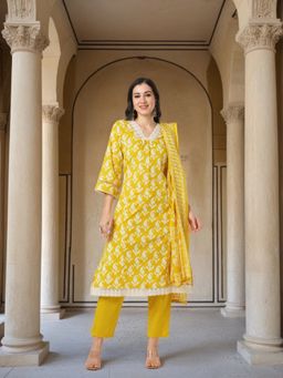 FASHOR - Floral Printed And Embroidered Straight Kurta With Pant And Dupatta - Yellow (Set of 3)
