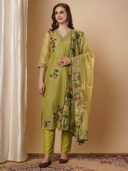 FASHOR - Floral Printed And Embroidered Straight Kurta With Pant And Dupatta - Green (Set of 3)