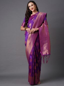 Akhilam - Wine Festive Silk Blend Woven Design Saree with Unstitched