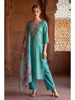 Aurelia - Women Teal Printed Jacquard Dupatta