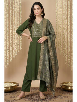 Aurelia - Women Olive Woven Jacquard Dupatta