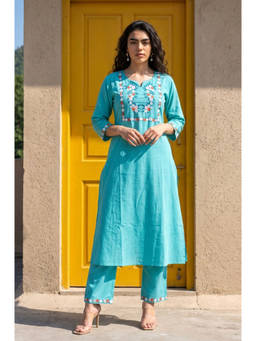 Aurelia - Women Turquoise Cotton Linen Kurta