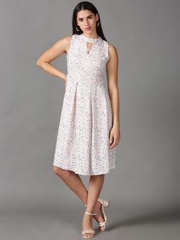 SHOWOFF - Womens High Neck Midi White Printed Dress
