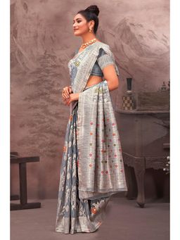 Sangam Prints - Grey Cotton Silk Woven Zari Work Traditional Saree with Unstitched Blouse