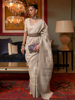 Odette - Festive Beige Silk Blend Woven Saree with Unstitched Blouse