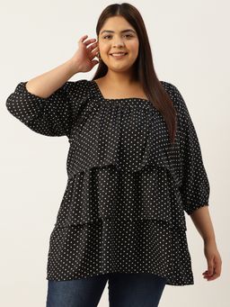 theRebelinme - Plus Size Women's Black Polka Dot Printed Layered Longline Top