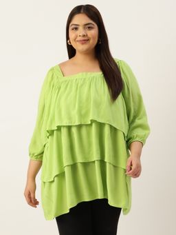 theRebelinme - Plus Size Women's Green Solid Color Layered Longline Top