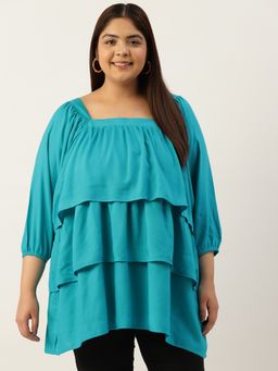 theRebelinme - Plus Size Women's Teal Blue Solid Color Layered Longline Top
