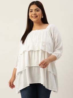 theRebelinme - Plus Size Women's White Solid Color Layered Longline Top