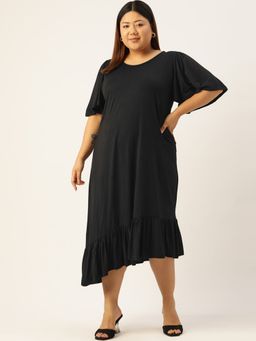 theRebelinme - Plus Size Women's Black Solid Color Asymmetrical Knitted Dress