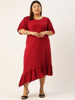 theRebelinme - Plus Size Women's Maroon Solid Color Asymmetrical Knitted Dress
