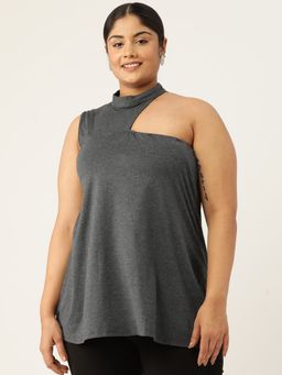 theRebelinme - Plus Size Women's Anthragrey Solid Color One Shoulder Knitted Top