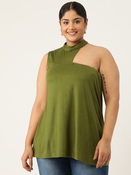 theRebelinme - Plus Size Women's Olive Solid Color One Shoulder Knitted Top