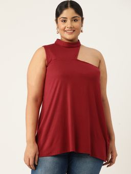 theRebelinme - Plus Size Women's Maroon Solid Color One Shoulder Knitted Top