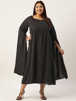 theRebelinme - Plus Size Women's Black Polka Dot Slit Sleeves A-line Dress