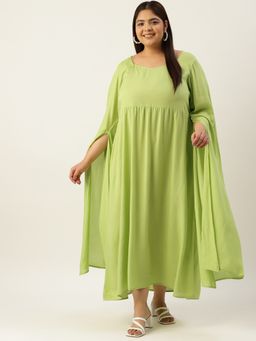 theRebelinme - Plus Size Women's Green Solid Color Slit Sleeves A-line Dress