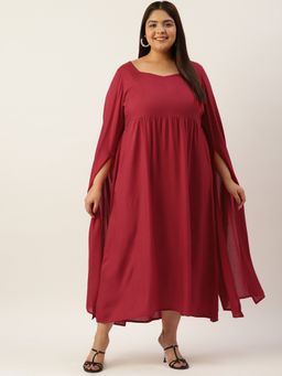 theRebelinme - Plus Size Women's Maroon Solid Color Slit Sleeves A-line Dress