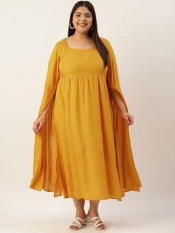 theRebelinme - Plus Size Women's Mustard Solid Color Slit Sleeves A-line Dress