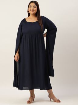 theRebelinme - Plus Size Women's Navy Blue Solid Color Slit Sleeves A-line Dress