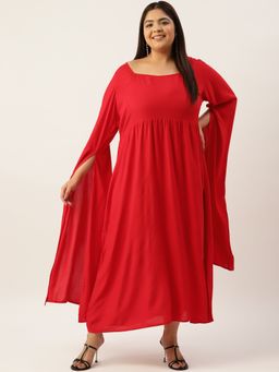theRebelinme - Plus Size Women's Red Solid Color Slit Sleeves A-line Dress
