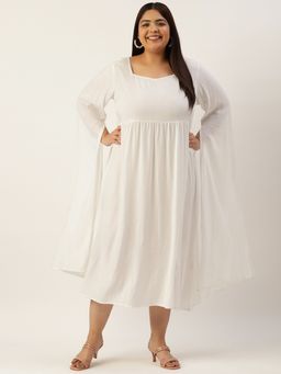 theRebelinme - Plus Size Women's White Solid Color Slit Sleeves A-line Dress
