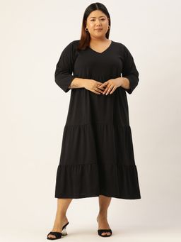 theRebelinme - Plus Size Women's Black Solid Color Cotton Tiered Dress