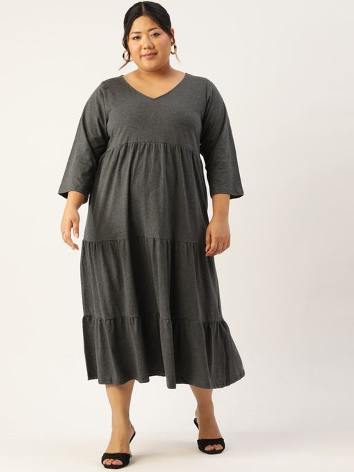 Buy theRebelinme Plus Size Women's Charcoal Grey Solid Color Cotton Tiered  Dress Online
