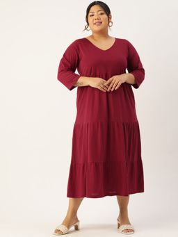 theRebelinme - Plus Size Women's Maroon Solid Color Cotton Tiered Dress