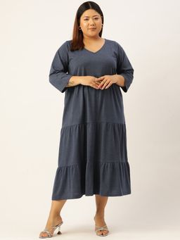theRebelinme - Plus Size Women's Melange Blue Solid Color Cotton Tiered Dress