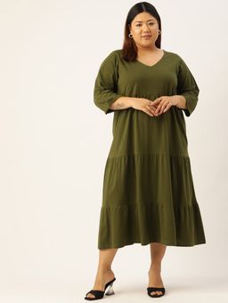theRebelinme - Plus Size Women's Olive Solid Color Cotton Tiered Dress