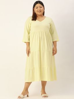 theRebelinme - Plus Size Women's Pale Yellow Solid Color Cotton Tiered Dress