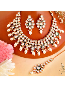 Voylla - Elegance White Pearls and Faux Kundan Gold Plated Maang Tika Set
