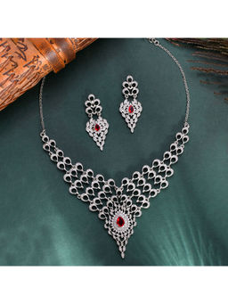 Voylla - Peacock Red and White Cz Cutwork Design Waterfall Jewellery Set