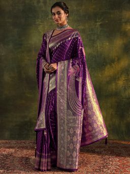 Libas - Purple beads embellished Saree with Unstitched Blouse and Dupatta