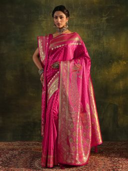 Libas - Pink beads embellished Saree with Unstitched Blouse and Dupatta