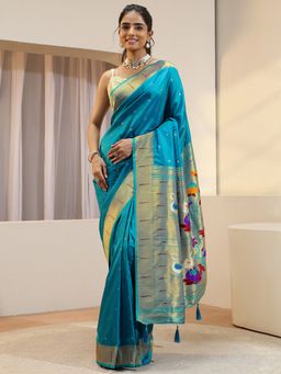 Libas - Teal woven zari design Saree with Unstitched Blouse