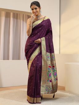 Libas - Burgundy woven zari design Saree with Unstitched Blouse